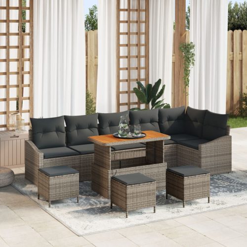 9 darabos kertiszófa szett párnákkal szürke poli rattan akáccal, 2 fős kertiszófa párnákkal szürke poli rattan, 3 darabos kertészeti étkező szett párnákkal szürke poli rattan akáccal