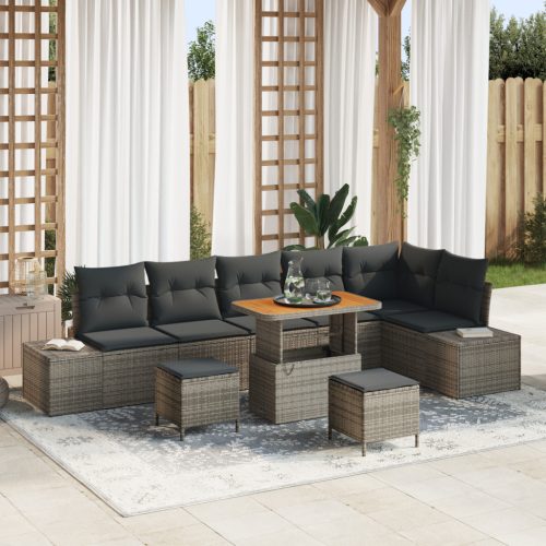 9 részes kertibútor szett párnákkal szürke poli rattan akác, 2-fős kertibútor párnákkal szürke poli rattan, 3 részes kert dining szett párnákkal szürke poli rattan akác