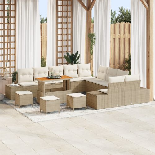 14 Darabos Kerti Sofa Szett Párnákkal Bézs Poli Rattan Akácia, 2-Fős Kerti Sofa Párnákkal Bézs Poli Rattan, 4 Darabos Kerti Étkező Szett Párnákkal Bézs Poli Rattan Akácia