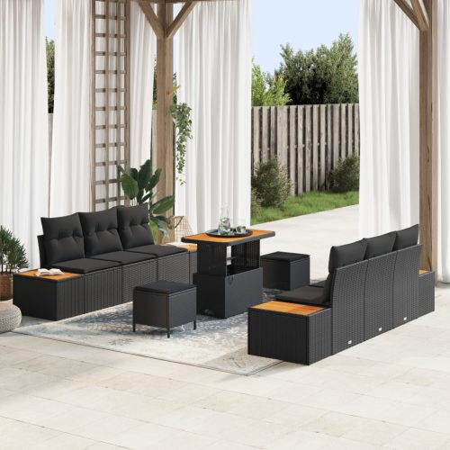 9 darabos kerti sofa szett párnákkal fekete poli rattan akác, 3 darabos kerti étkező szett párnákkal fekete poli rattan akác