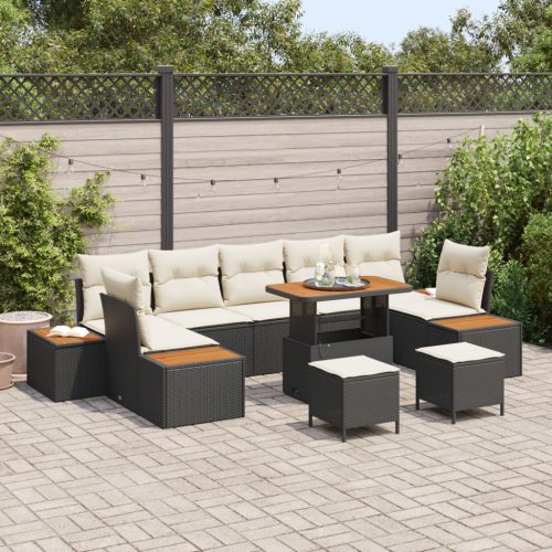 10 darabos kerti kanapé szett párnákkal Fekete Poly Rattan Akácia, 3 darabos kerti étkező szett párnákkal Fekete Poly Rattan Akácia