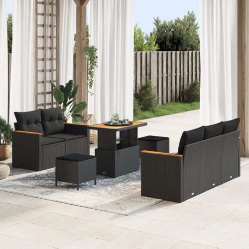 8 darabos Kerti Sofasor Párnákkal Fekete Poli Rattan Akácia, 3 darabos Kerti Étkezőszett Párnákkal Fekete Poli Rattan Akácia