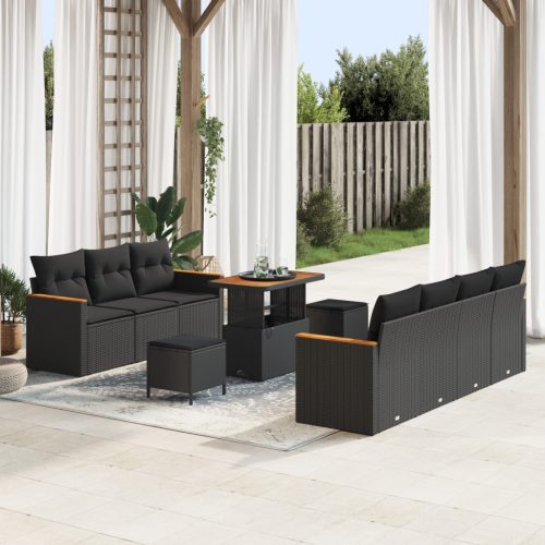 10 Részes Kert Sofa Szett Párnákkal Fekete Poli Rattan Akáciával