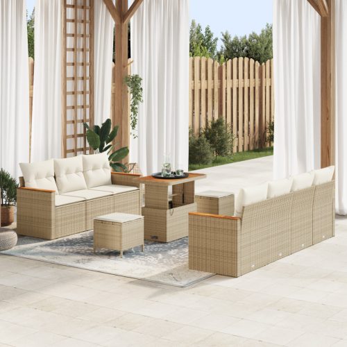 10 Darabos Kert Sofa Szett Párnákkal Bézs Poli Rattan Akáciával