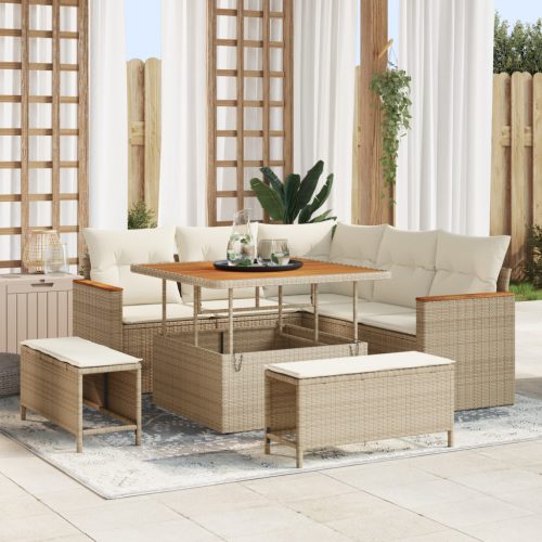 8 darabos Kert Sofa Szett Párnákkal Bézs Poli Rattan Akácia