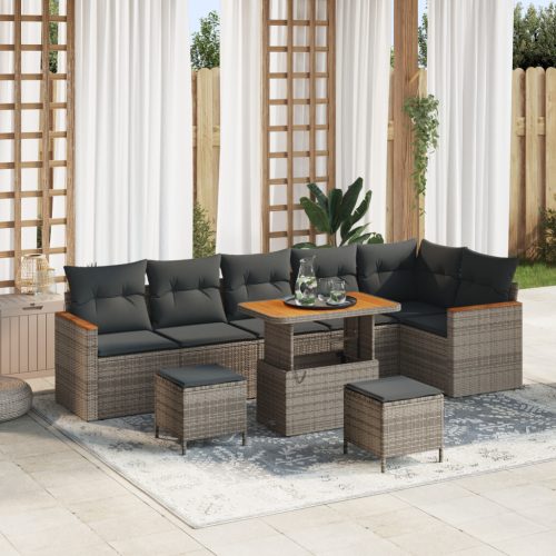 9 Darabos Kert Sofa Szett Párnákkal Szürke Poli Rattan Akác