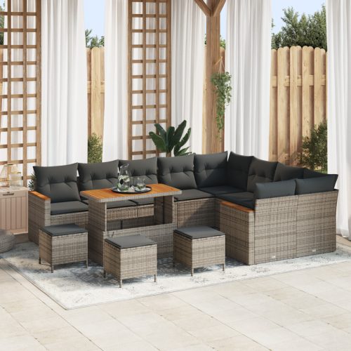 13 Darabos Kert Sofa Szett Párnákkal Szürke Poli Rattan Akác