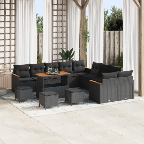 14 Részes Kert Sofa Készlet Párnákkal Fekete Poli Rattan Akácia