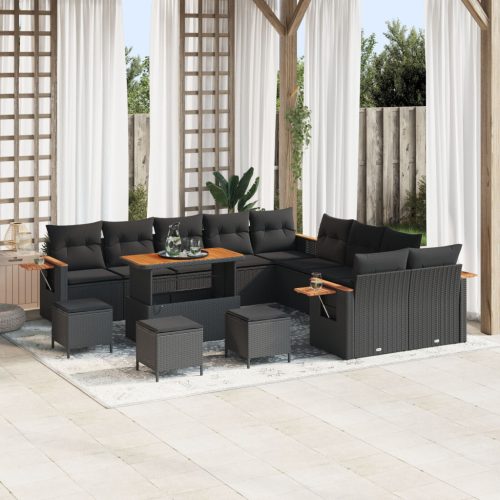 13 Részes Kerti Kanapészett Párnákkal Fekete Poly Rattan Akác, 3 Részes Kerti Étkezőszett Párnákkal Fekete Poly Rattan Akác