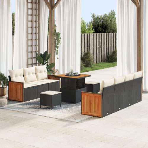 10 darabos Kerti Sofa Szett Párnákkal Fekete Poli Rattan Akáciából