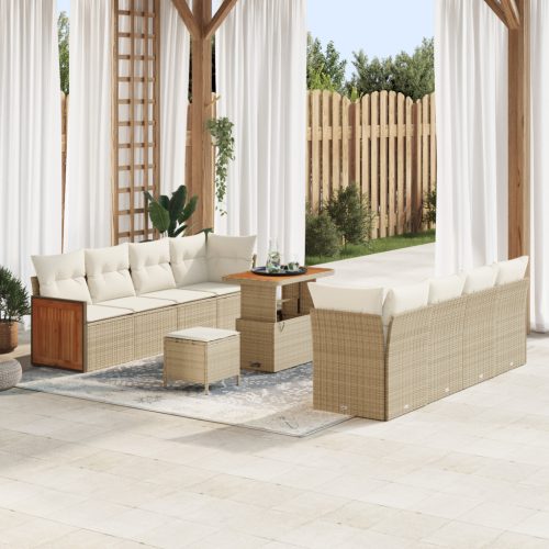 11 Részes Kerti Sofa Szett Párnákkal Bézs Poli Rattan Akáciával