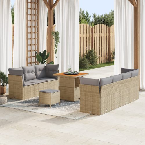 10 Darabos Kert Sofa Szett Párnákkal Bézs Poli Rattan Akác, 3 Darabos Kert Étkező Szett Párnákkal Bézs Poli Rattan Akác