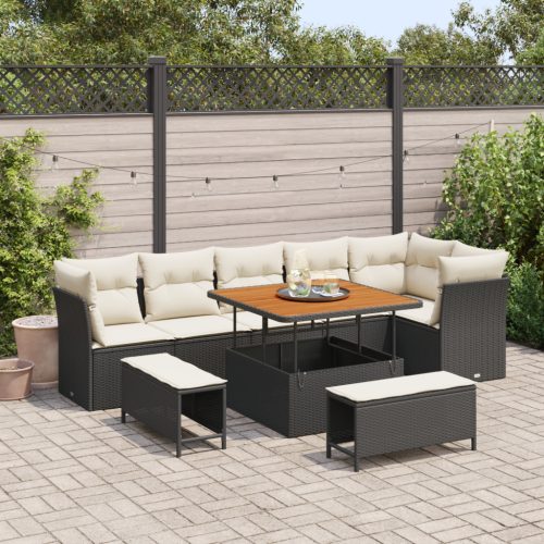 9 darabos kerti sofa szett párnákkal fekete poli rattan akáccal