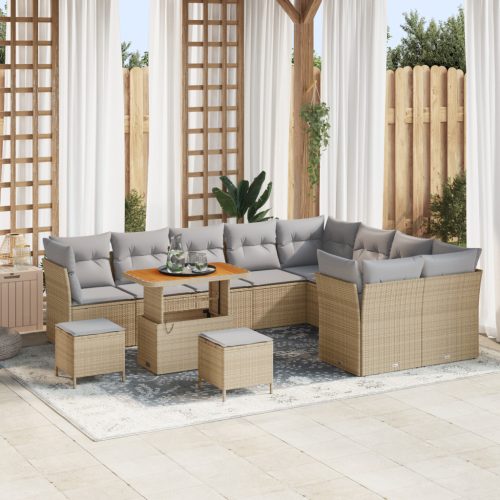12 Darabos Kert Sofa Szett Párnákkal Bézs Poli Rattan Akácia