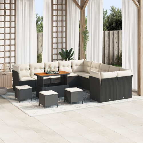 14 Darabos Kerti Sofa Szett Párnákkal Fekete Poli Rattan Akác, 4 Darabos Kerti Étkező Szett Párnákkal Fekete Poli Rattan Akác