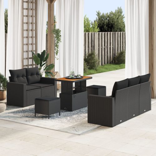 8 darabos kerti kanapé szett párnákkal fekete poly rattan akáccal, 3 darabos kerti étkező szett párnákkal fekete poly rattan akáccal