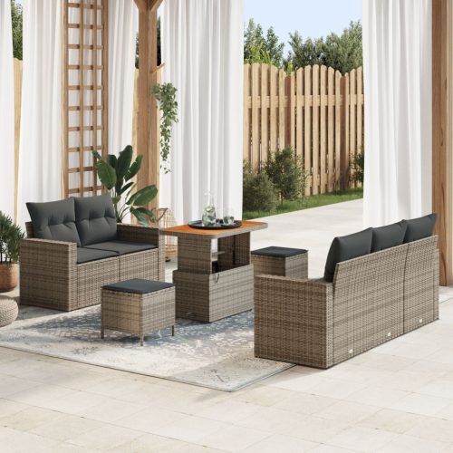 8 darabos kerti kanapé szett párnákkal, szürke poli rattan, akácia, 3 darabos kerti étkező szett párnákkal, szürke poli rattan, akácia