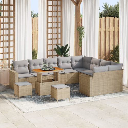 12 darabos Kerti Sofa Szett Párnákkal Bézs Poli Rattan Akácia, 3 darabos Kerti Étkező Szett Párnákkal Bézs Poli Rattan Akácia