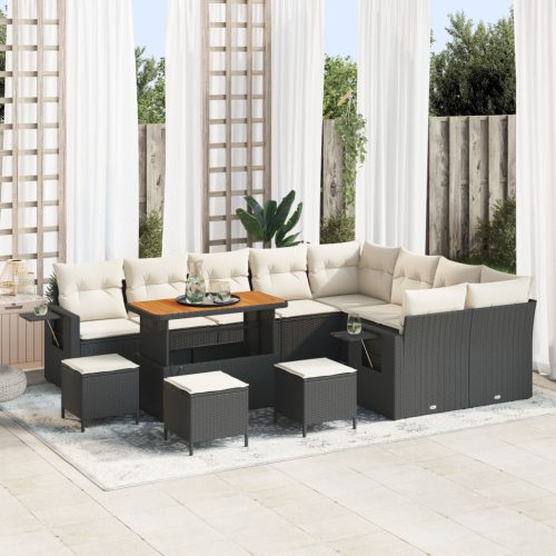 12 darabos Kert Kanapé Szett Párnákkal Fekete Poly Rattan Akác, 3 darabos Kert Étkező Szett Párnákkal Fekete Poly Rattan Akác