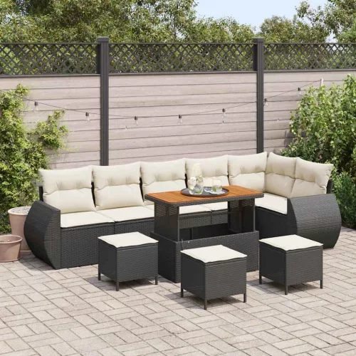 Kerti Kanapé Szett párnával 10 pcs Fekete és Krém Poly Rattan