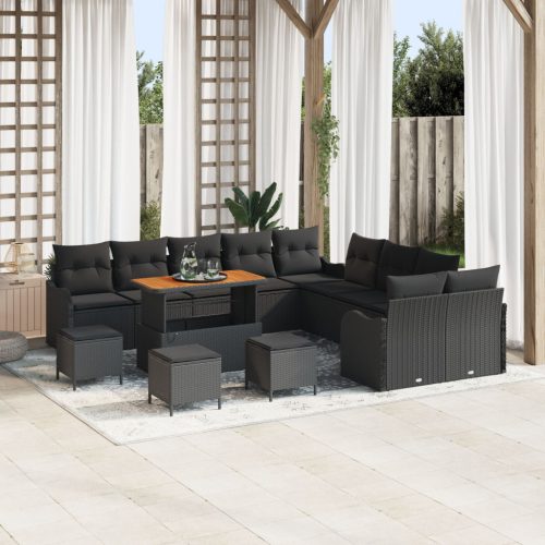 13 darabos kertiszofa szett párnákkal fekete poli rattan akáccal, 2 személyes kertiszofa tárolóval és párnákkal fekete poli rattan, 3 darabos kertiszófa étkezőszett párnákkal fekete poli rattan akáccal