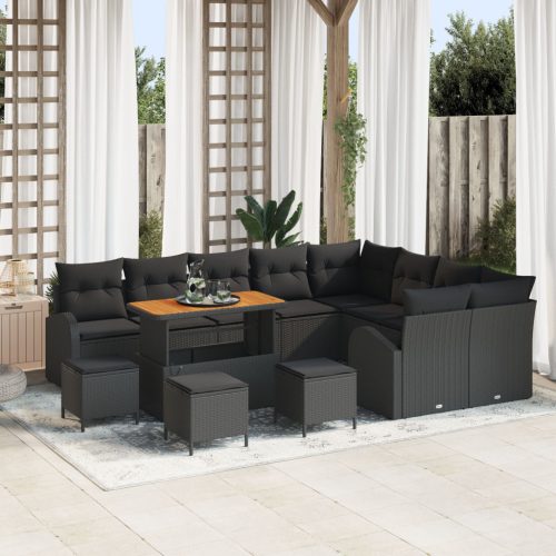 12 darabos Kert Kanapé Szett Párnákkal Fekete Poli Rattan Akác, 2 Fős Kert Kanapé Tárolóval és Párnákkal Fekete Poli Rattan, 3 Darabos Kert Étkező Szett Párnákkal Fekete Poli Rattan Akác