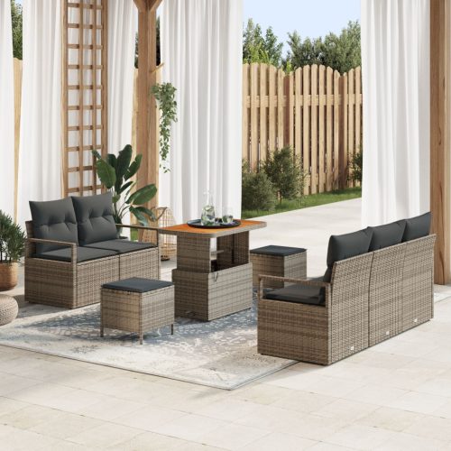8 darabos Kertiszófakészlet Párnákkal Szürke Poli Rattan Akác, 2 fős Kertiszófa Tárolóval és Párnákkal Szürke Poli Rattan, 3 darabos Kerti Étkezőszett Párnákkal Szürke Poli Rattan Akác