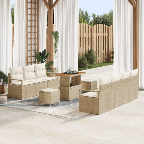 10 Darabos Kerti Kanapészett Párnákkal Bézs Poly Rattan Akáciával, 2 Fős Kerti Kanapé Tárolóval & Párnákkal Bézs Poly Rattan, 3 Darabos Kerti Étkezőszett Párnákkal Bézs Poly Rattan Akáciával