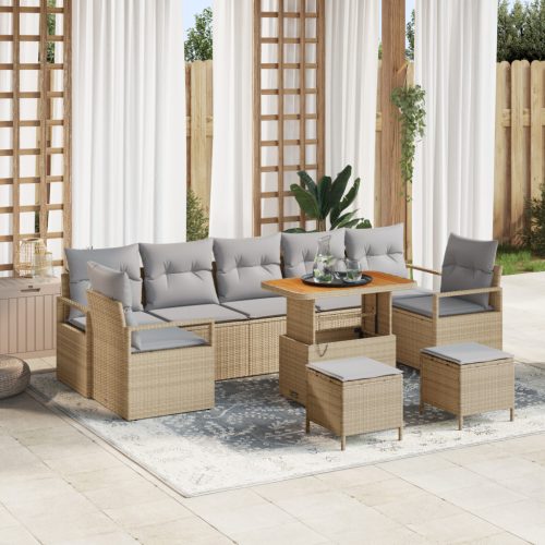 10 Részes Kerti Sofa Szett Párnákkal Bézs Poli Rattan Akác