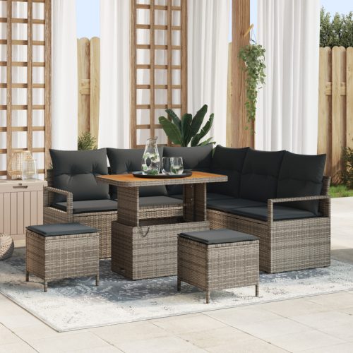 8 részes Kerti Kanapé Szett Párnákkal Szürke Poly Rattan Akácia