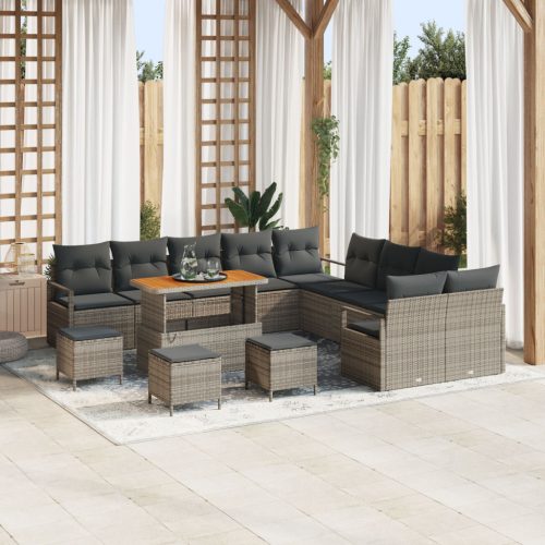 13 részes kertibútor szett párnákkal, szürke poli rattan akáccal, 2 személyes kertibútor tárolóval és párnákkal, szürke poli rattan, 3 részes kertivacsora szett párnákkal, szürke poli rattan akáccal
