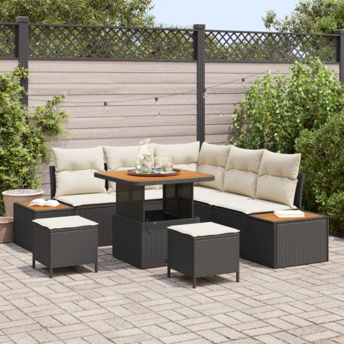 8 Darabos Kert Sofa Szett Párnákkal Fekete Poli Rattan Akáccal