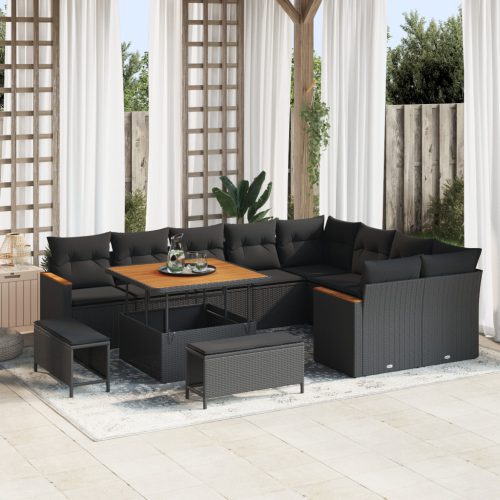 12 darabos kerti sofa szett párnákkal fekete poli rattan akácfa, 3 darabos kerti étkező szett párnákkal fekete poli rattan akácfa