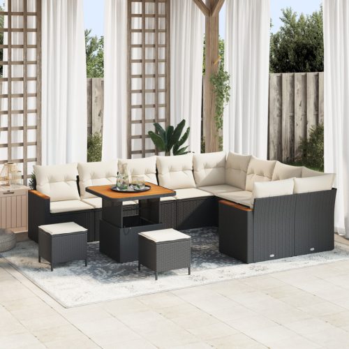 12 darabos kerti kanapé szett párnákkal Fekete Poli rattan Acacia, 3 darabos kerti étkező szett párnákkal Fekete Poli rattan Acacia