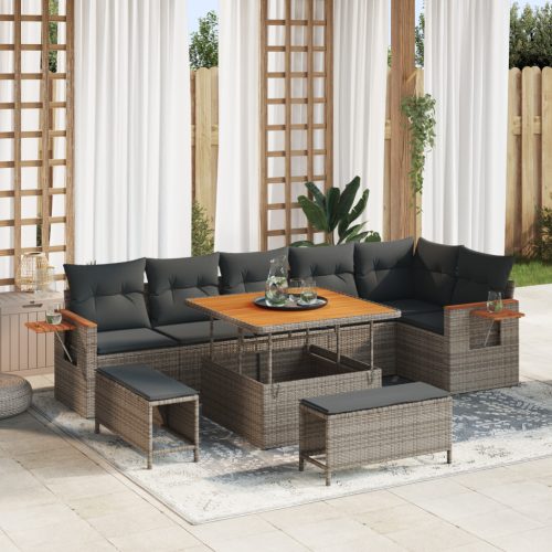 9 Darabos Kert Szófa Készlet Párnákkal Szürke Poli Rattan Acacia