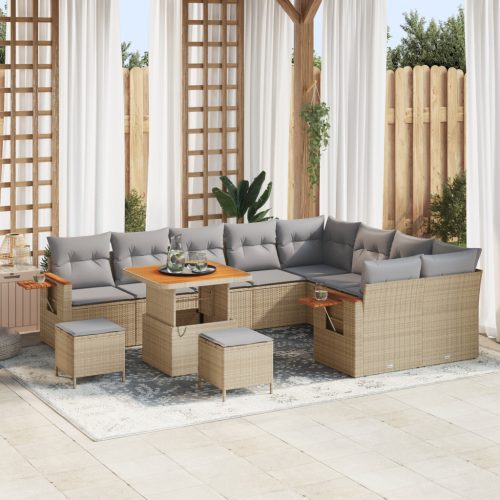 12 Darabos Kert Sofa Készlet Párnákkal Bézs Poli Rattan Akácia, 3 Darabos Kert Étkező Készlet Párnákkal Bézs Poli Rattan Akácia