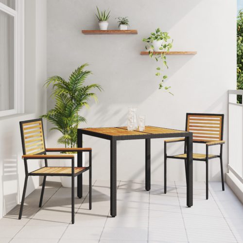 3 darabos Kerti Étkező Szett Fekete Poly Rattan Akácia, Egymásra Rakható Kerti Székek Párnákkal 2 db Fekete Poly Rattan