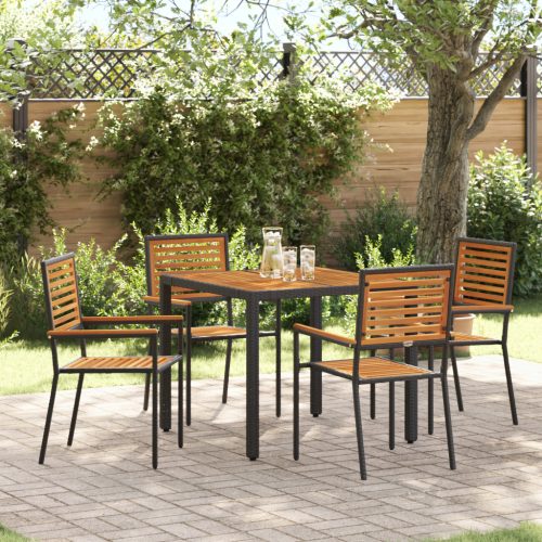 5 darabos kerti étkező szett fekete polyrattan akáccal, rakható kerti székek párnákkal 2 db fekete polyrattan