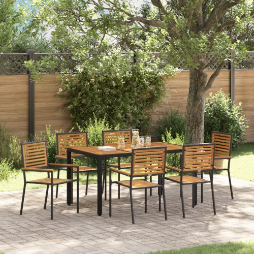 7 Darabos Kerti Étkezőszett Fekete Poly Rattan Akácia, Összecsukható Kerti Székek Párnákkal 2 db Fekete Poly Rattan