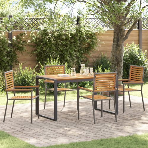 5 Darabos Kert Étkező Készlet Szürke Poly Rattan Akác, Rakható Kerti Székek Párnákkal 2 db Szürke Poly Rattan