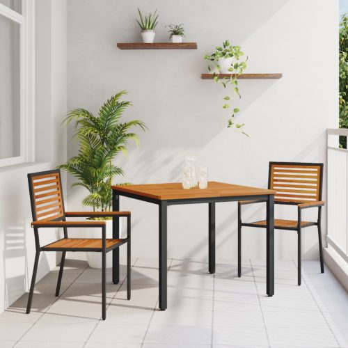 3 darabos kerti étkezőszett fekete műrattan akáccal, Egymásra rakható kerti székek párnákkal 2 db fekete műrattan, Kerti asztal 90x90x75 cm tömör akácfa és fém