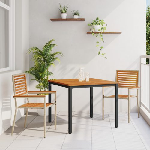 3 részes kerti étkezőszett Bézs poly rattan akáciából, Összecsukható kerti székek párnákkal - 2 darab Bézs poly rattanban, Kerti asztal 90x90x75 cm Szilárd akácia fa és fém
