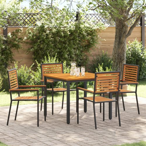 5 darabos kerti étkező szett fekete polyrattan akáccal, rakodó kerti székek párnákkal 2 db fekete polyrattan, kerti asztal 90x90x75 cm tömör akácfából és fémből