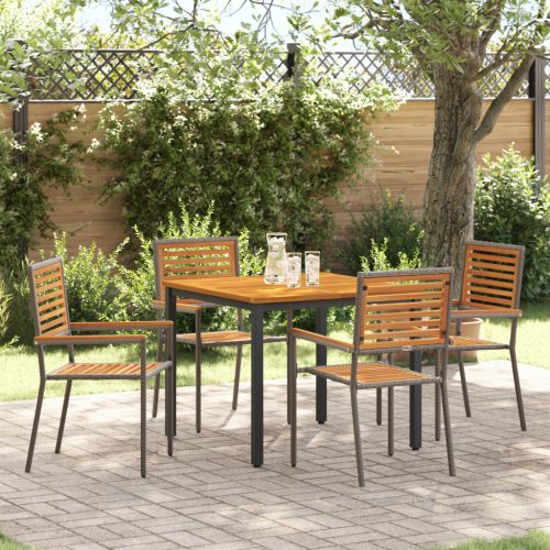 5 darabos kerti étkező szett szürke poli rattan akáccal,  összecsukható kerti székek párnákkal 2 db szürke poli rattan,  kerti asztal 90x90x75 cm szilárd akácfából és fémből