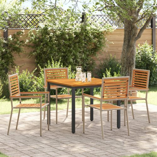 5 Darabos Kerti Étkezőkészlet Bézs Poli Rattan Akácia, Rakható Kerti Székek Párnával - 2-es Készlet Bézs Poli Rattanban, Kerti Asztal 90x90x75 cm Szilárd Akácfából és Fém