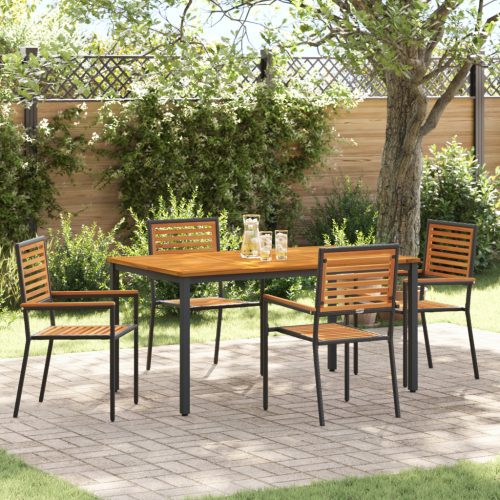 5 Darabos Kerti Étkező Szett Fekete Poli Rattan Akáciából, Egymásra Rakható Kerti Székek párnahéj 2 db Fekete Poli Rattan, Kerti Asztal 150x90x75 cm Szilárd Akácia Fa és Fém