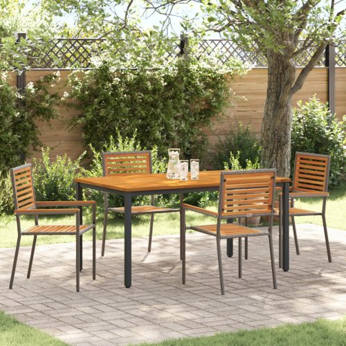 5 Részből Álló Kerti Étkező Szett Szürke Polyrattan Akác, Egymásra Rakható Kerti Székek párnákkal 2 db Szürke Polyrattan, Kerti Asztal 150x90x75 cm Szilárd Akácfa és Fém
