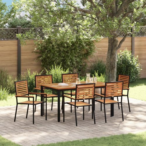 7 darabos kerti étkezőszett Fekete Polyrattan Akác, Egymásra rakható kerti székek párnákkal 2 db Fekete Polyrattan, Kerti asztal 150x90x75 cm Masszív Akácfa és Fém