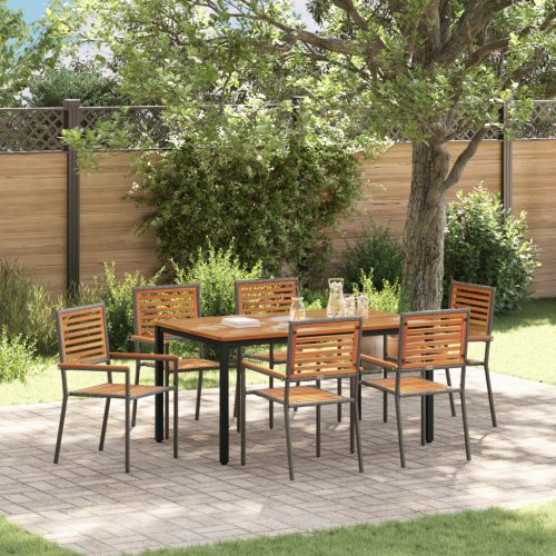 7 darabos Kerti Étkezőszett Szürke Poli Rattan Akácia, Összecsukható Kerti Székek párnázattal 2 db Szürke Poli Rattan, Kerti Asztal 150x90x75 cm Szilárd Akácia Fa és Fém