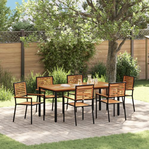 7 részes kerti étkező garnitúra Fekete Poli Rattan Akác, Egymásra rakható kerti székek párnákkal 2 db Fekete Poli Rattan, Kerti asztal 180x90x75 cm Szilárd Akácfa és Fém